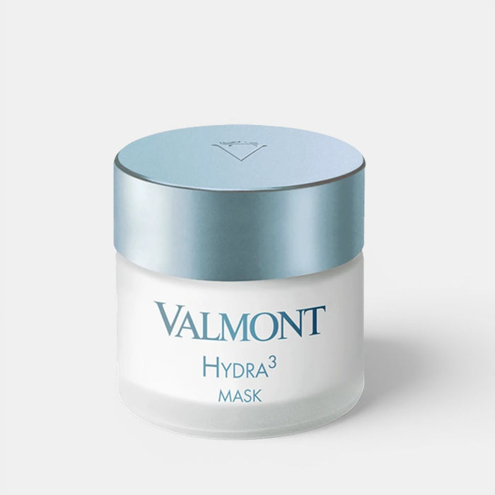 Shop Rescue Spa Valmont Hydra3 Mask in a white frosted glass jar with a metallic blue lid for intense skin hydration.