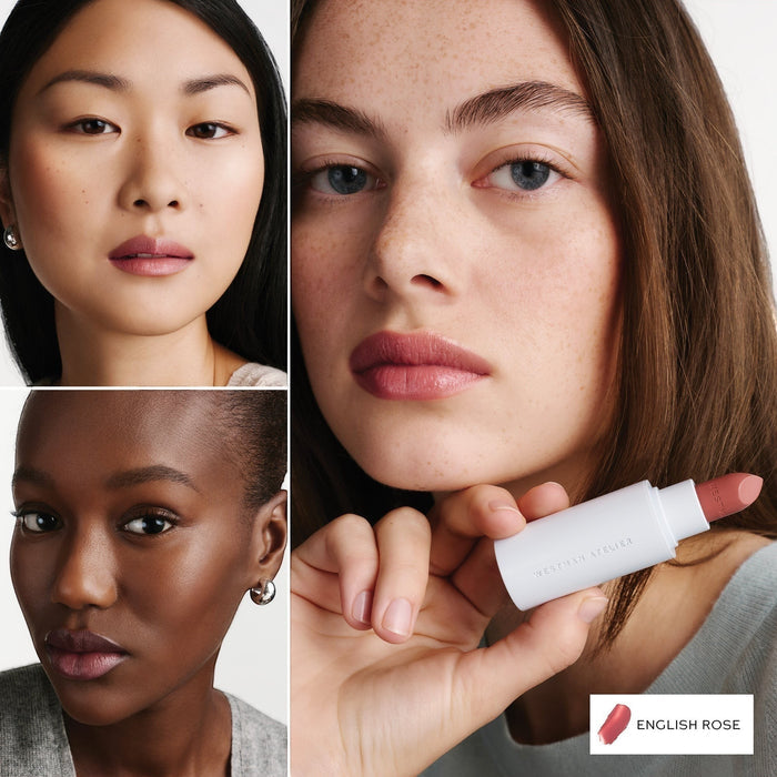 Three women with close-up views of their faces and a hand holding a lipstick labeled 'Westman Atelier English Rose'.