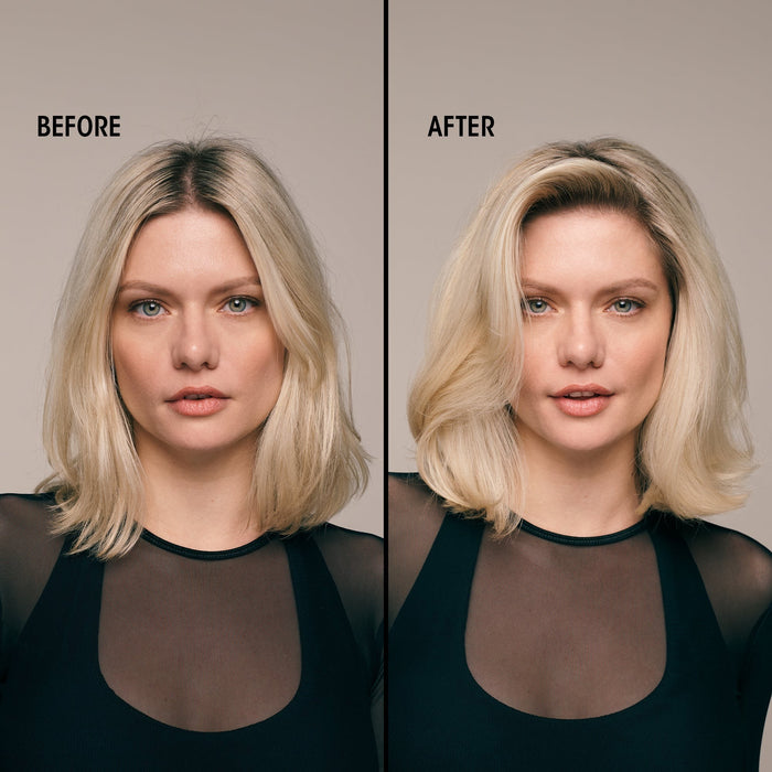 Shop Rescue Spa before and after comparison of blonde hair styled with Imperial Blowout Transformative Styling Creme