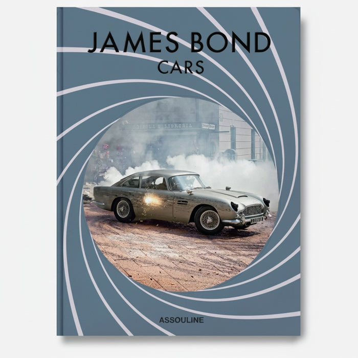 James Bond Cars book cover featuring a silver Aston Martin DB5 with sparks flying from its side, set against a backdrop of smoke and a European street.