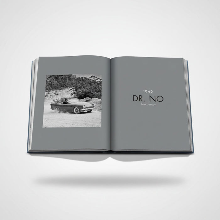 James Bond Cars book featuring a black and white image of a convertible car from the 1962 film Dr. No.