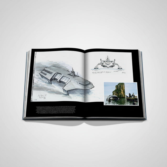 Shop Rescue Spa James Bond Cars book featuring concept art of a futuristic ship and a photo of a submerged vehicle near a rock formation.
