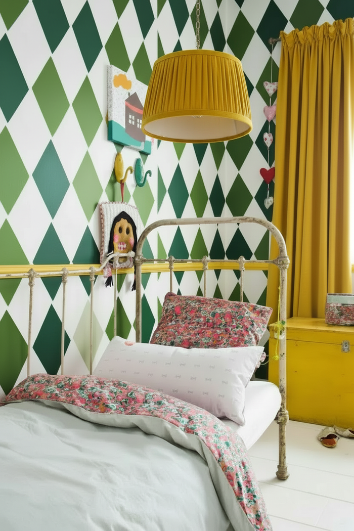 Children's bedroom with canary yellow velvet pendant lampshade