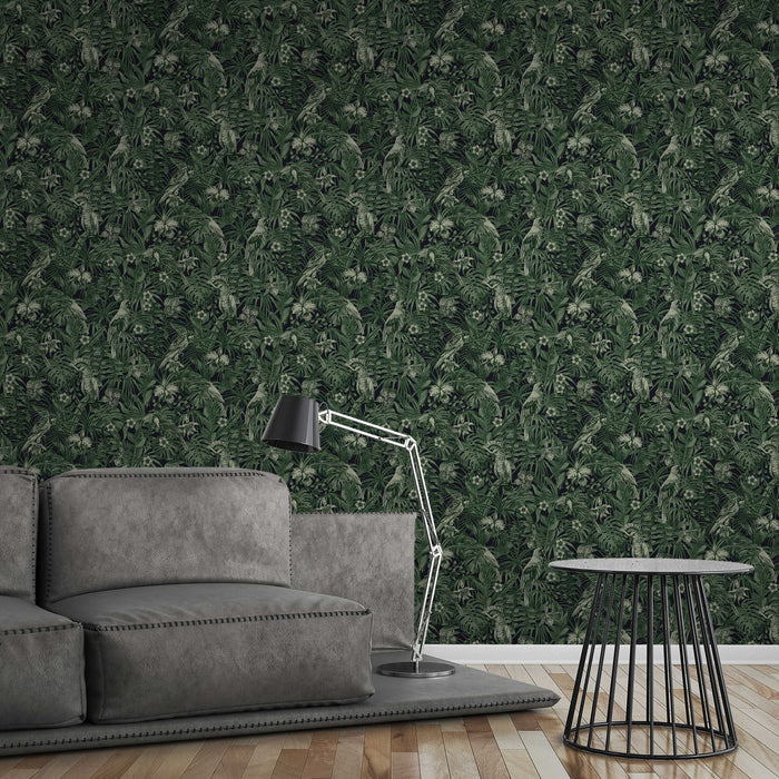 Jungle Parrots Textured Vinyl Wallpaper - Green/Black - Last  Roll