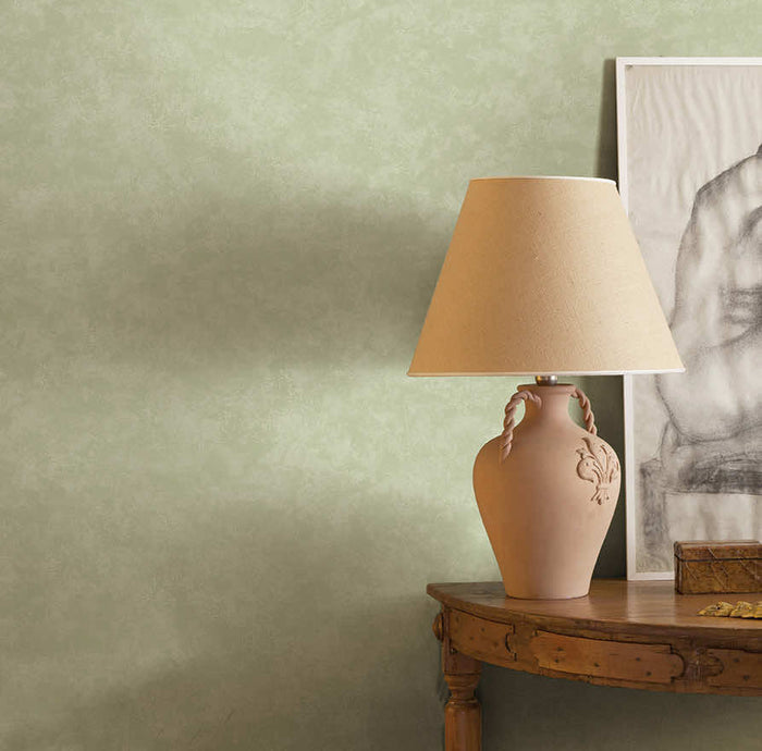 Kanso Soft Plaster wallpaper in sage on a feature wall