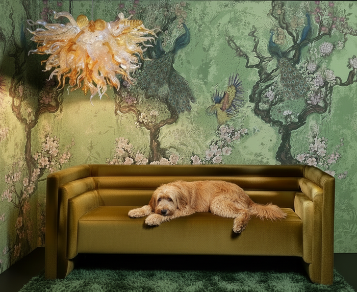 Peacock Chinoiseries - Shaggy Dog on Sofa