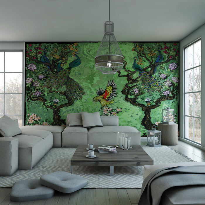 Peacock Chinoiseries Mural Wallpaper - large Scale