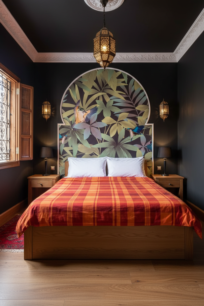 Moroccan bedroom with black ceiling and walls