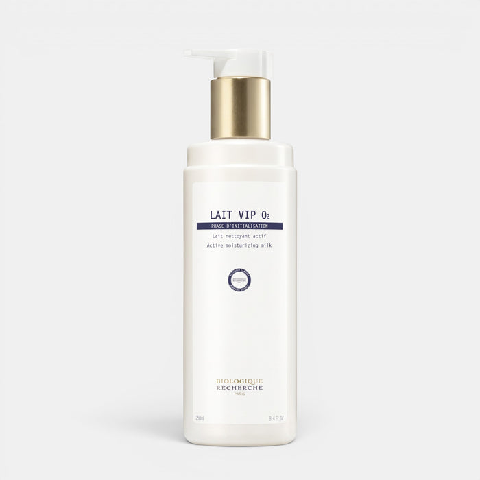 Shop Rescue Spa Biologique Recherche Lait VIP O2 oxygenating cleansing milk in a white bottle with a pump dispenser.