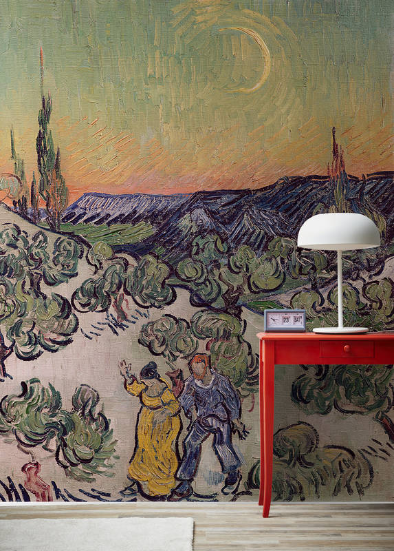 Landscape with Couple Walking and Crescent Moon - Custom Sized Wallpaper Mural (per m2)