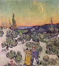 Landscape with Couple Walking and Crescent Moon - Custom Sized Wallpaper Mural (per m2)
