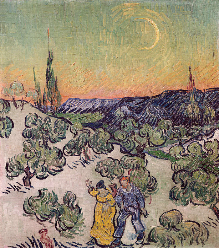 Landscape with Couple Walking and Crescent Moon - Custom Sized Wallpaper Mural (per m2)