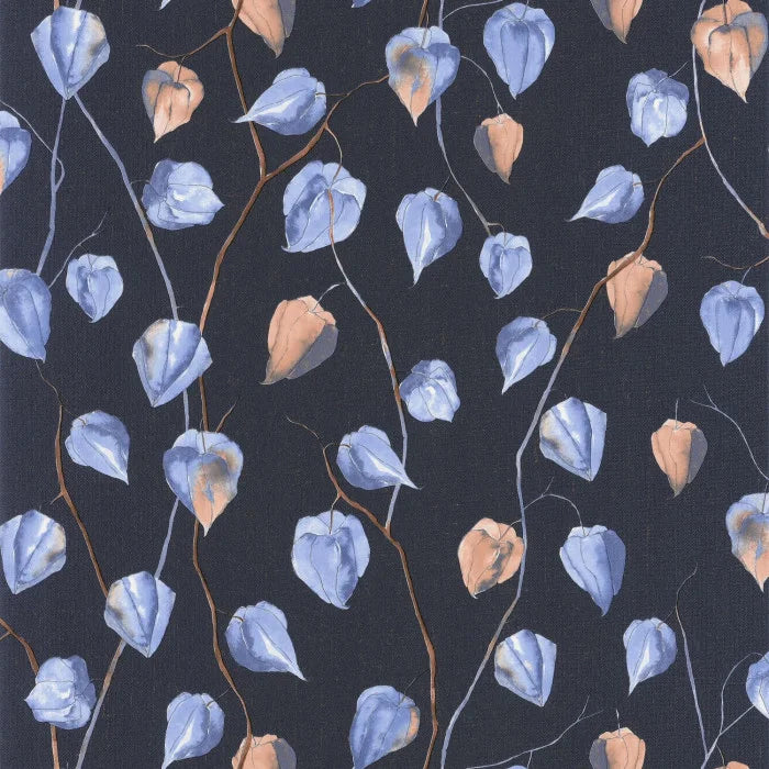 Lanternes Ginkgo Wallpaper - Blue on Midnight Blue