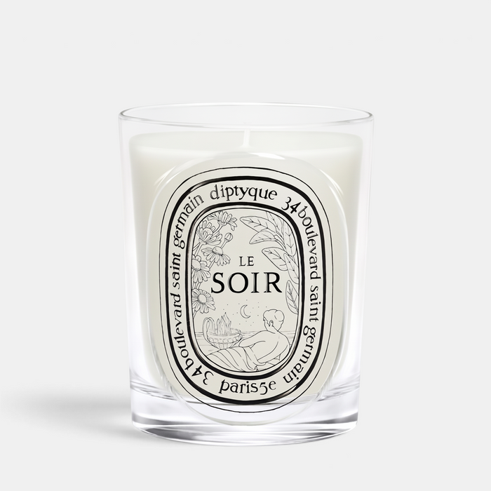 Shop Rescue Spa Le Soir scented candle in a clear glass jar with a decorative black and white oval label
