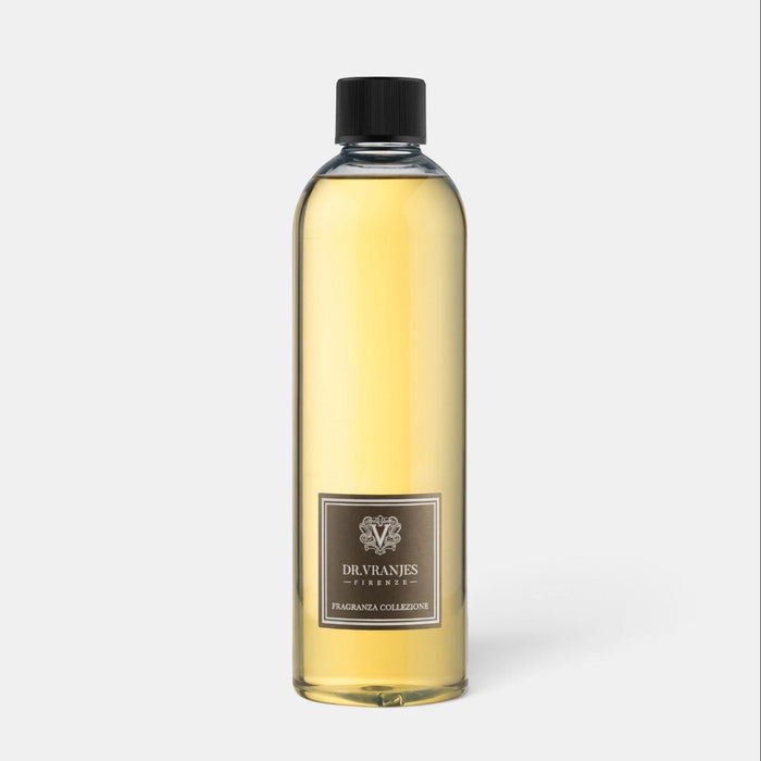 Shop Rescue Spa Dr. Vranjes Leather Oud room diffuser refill bottle with golden fragrance liquid and black cap.