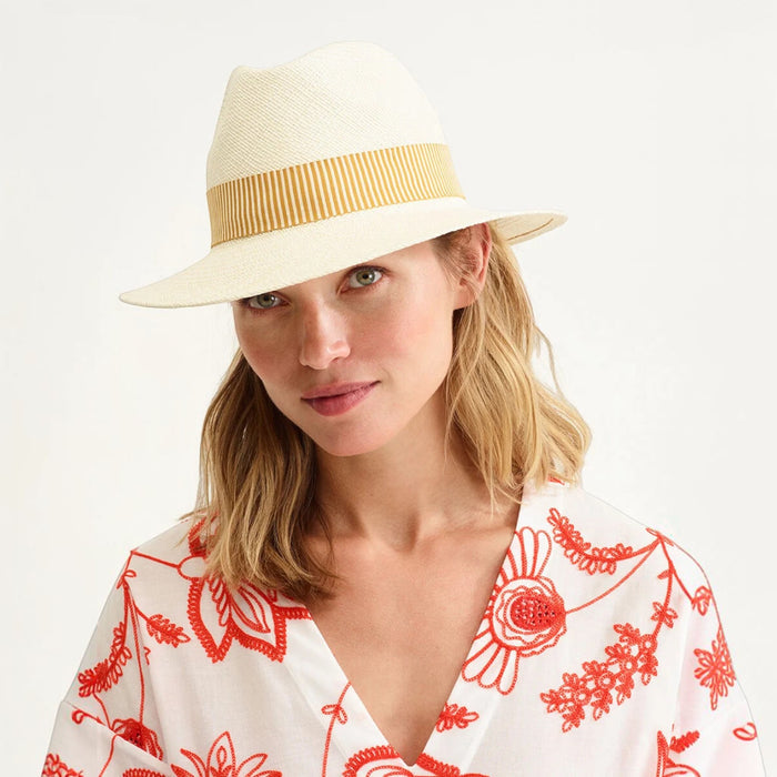 Shop Rescue Spa Leone Panama straw fedora hat with striped silk/cotton headband