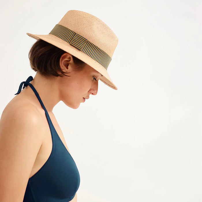 Shop Rescue Spa Leone hat in Panama straw with a striped silk/cotton headband. Natural straw color.