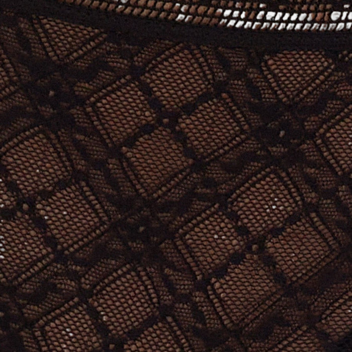 Close-up of black lace mesh fabric with a repeating diamond pattern and a sheer elastic band at the top.