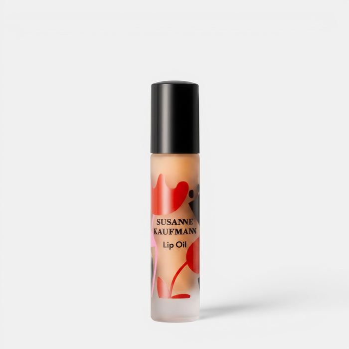 Shop Rescue Spa Susanne Kaufmann lip oil in a clear glass rollerball bottle with red floral pattern design
