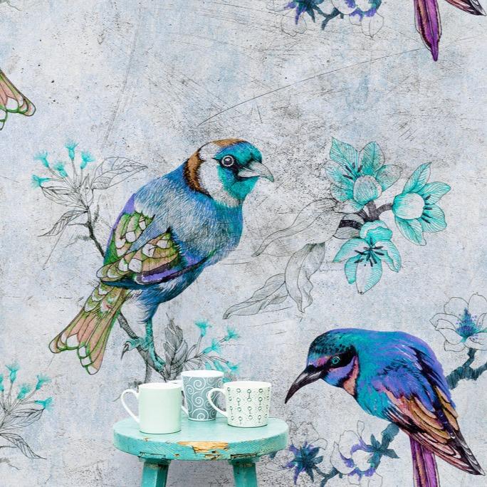 Love Birds - Custom Sized Wallpaper Mural (per m2) - Blue/Grey