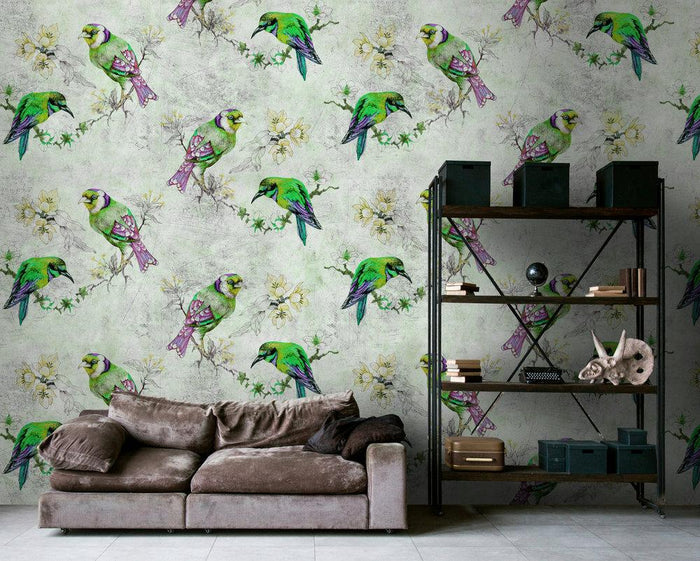 Love Birds - Custom Sized Wallpaper Mural (per m2) - Green/Grey