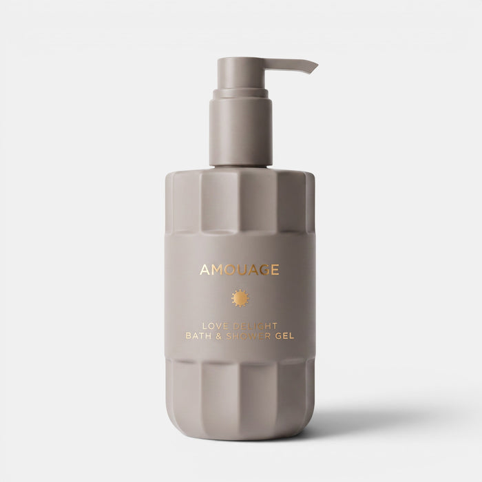 Shop Rescue Spa Amouage Love Delight bath and shower gel in a taupe pump bottle with gold lettering.