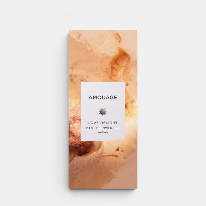 Shop Rescue Spa Amouage Love Delight bath and shower gel bottle with abstract warm-toned floral gourmand packaging.