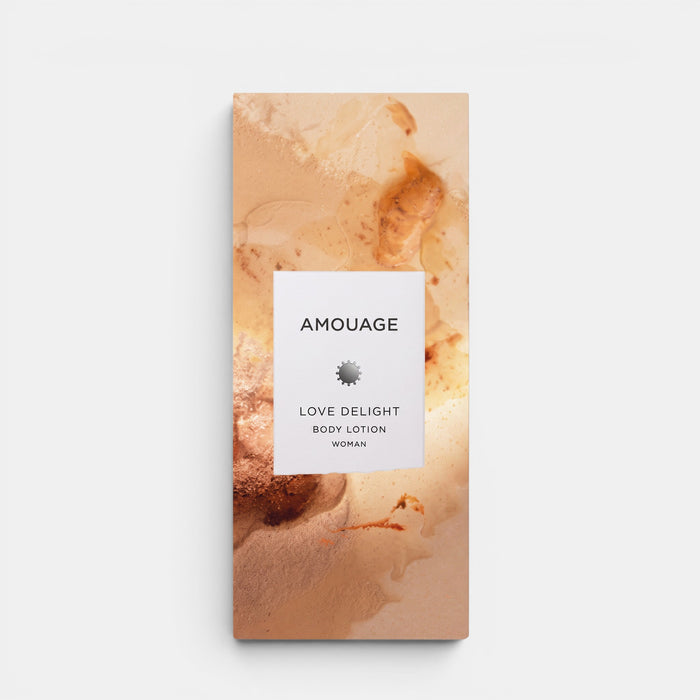 Shop Rescue Spa Amouage Love Delight body lotion bottle with abstract beige and brown artistic packaging design