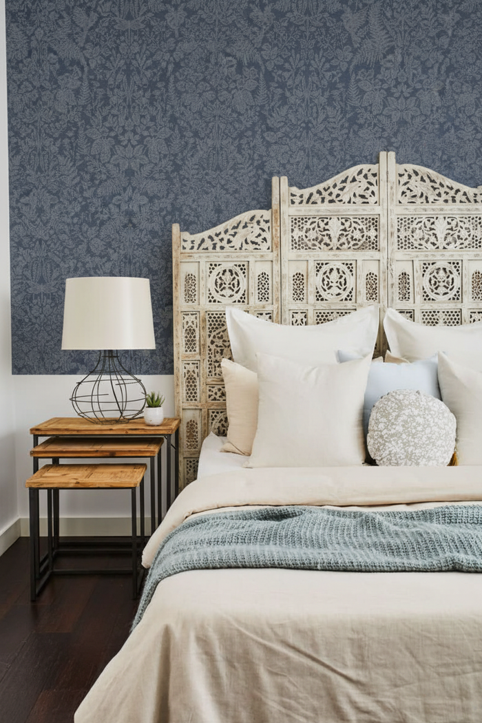 Bedroom with Loxley Navy Floral Tapestry Wallpaper