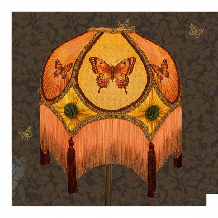 Orange Victorian lampshade with butterfly motifs and Lunden Butterfly wallpaper