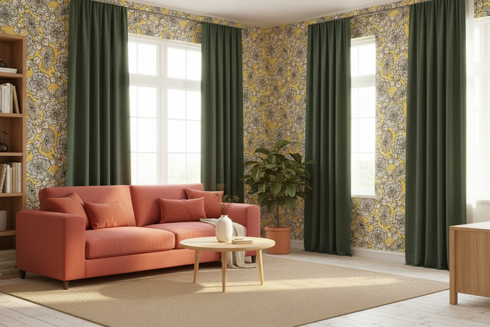 Mackenzie Country Sunshine Wallpaper Room with Red Sofa and Green Curtains