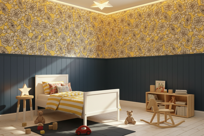 Mackenzie Country Sunshine Wallpaper Kids Room with Navy Panelling - No Windows