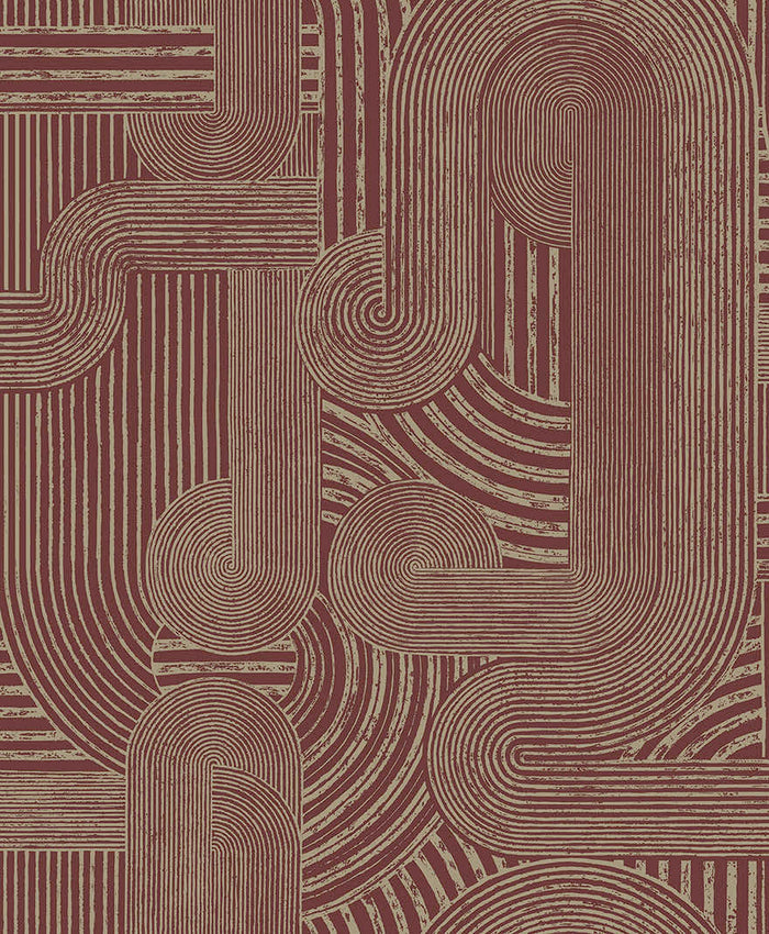 Maroon boho-geometric wallpaper with intertwined gold arcs and curves — flat pattern detail