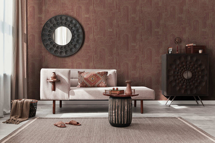 Macramé Boho Geo wallpaper in maroon on a feature wall with metallic gold line-work