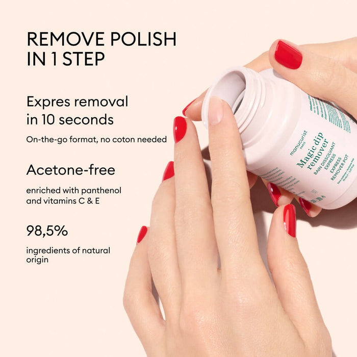 Hand using a nail polish remover with text highlighting features on a beige background