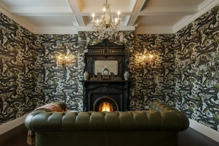 Victorian Room with Olive Green Chesterfield and Magnolia Snake Wallpaper