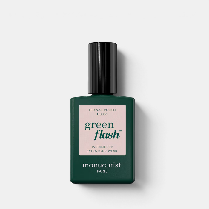 Shop Rescue Spa Manucurist Green Flash LED gel nail polish in a dark green bottle with a pale pink label.