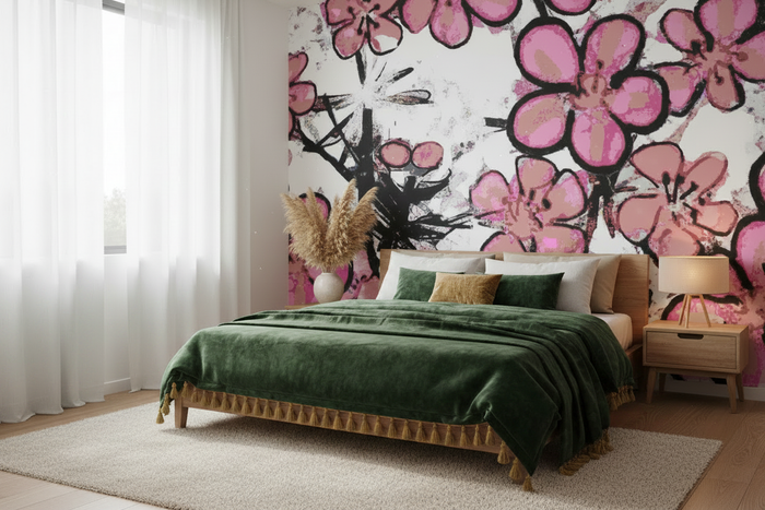 Manuka Flower Room Shot with Green Velvet Bedspread