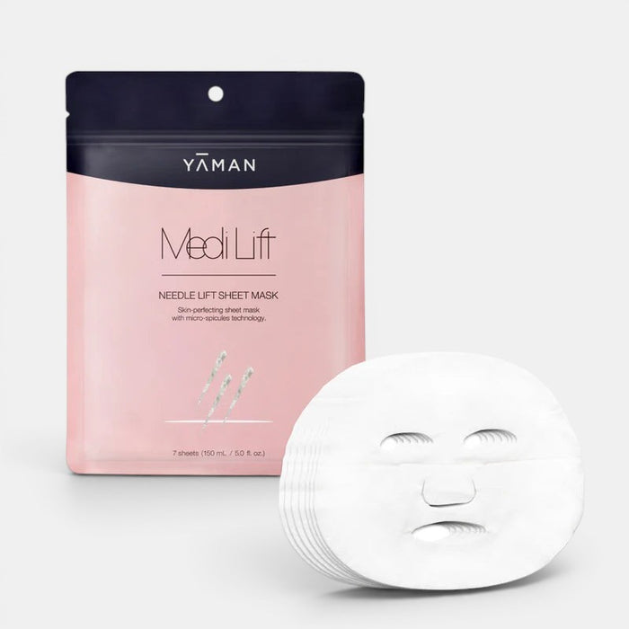 Medi Lift Needle Lift Sheet Mask box with seven sheet masks arranged beside packaging on clean background.