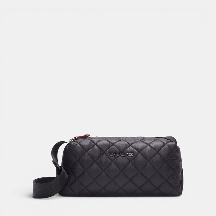 Shop Rescue Spa MZ Wallace black quilted nylon Metro Boxy Crossbody bag with leather trim and adjustable strap.