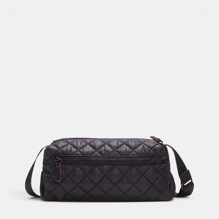 Shop Rescue Spa MZ Wallace black quilted nylon Metro Boxy Crossbody bag with leather trim and adjustable strap.