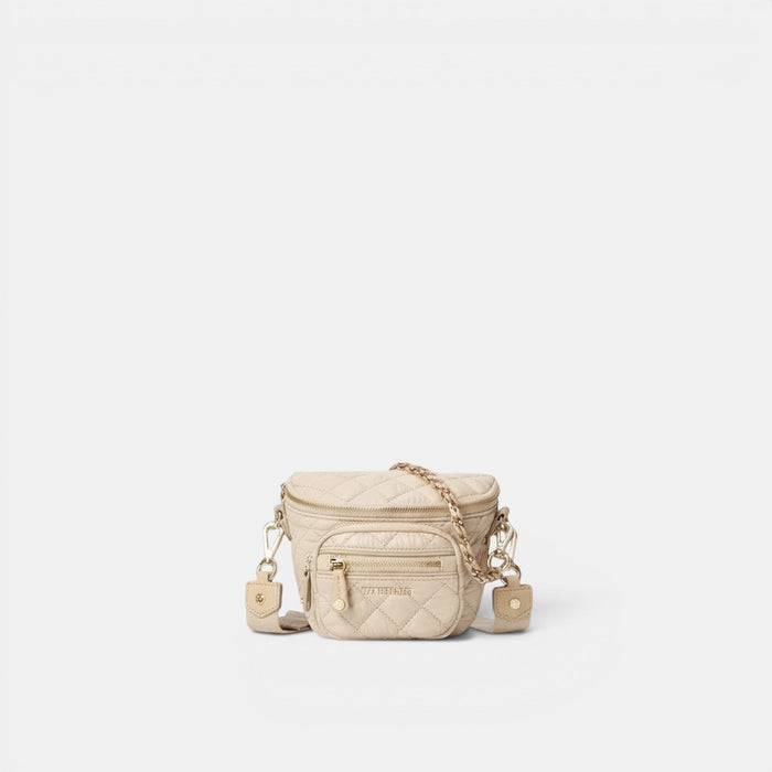 Shop Rescue Spa Micro Crosby Sling in beige quilted REC Oxford fabric with Italian leather trim and gold chain strap.