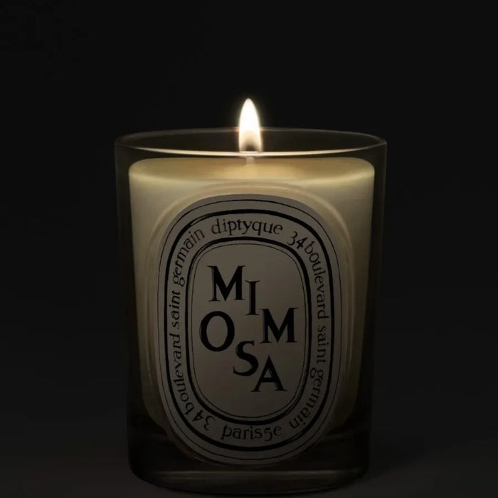 Shop Rescue Spa Diptyque Mimosa scented candle in a glass vessel with a glowing flame against a dark background