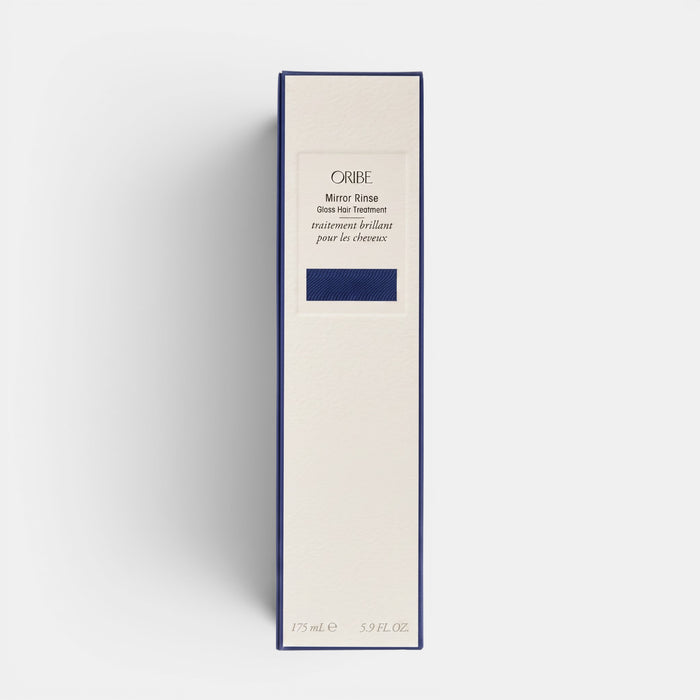 Shop Rescue Spa Oribe Mirror Rinse Glass Hair Treatment in a white and navy blue rectangular product box.