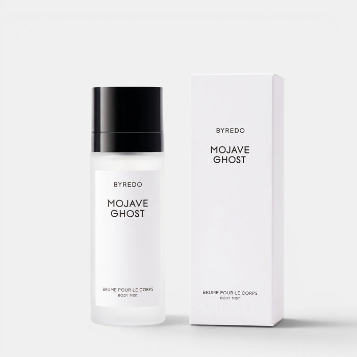 Shop Rescue Spa Byredo Mojave Ghost body mist bottle and white packaging box on a clean white background.
