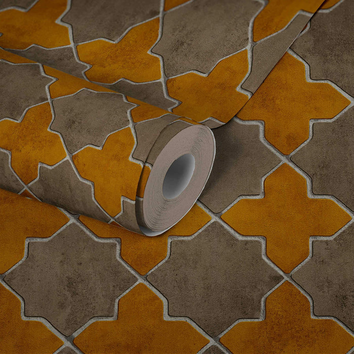 Moroccan Tile Wallpaper - Mustard/Grey - Discontinuing