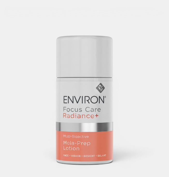 Shop Rescue Spa Environ Focus Care Radiance+ Multi-Bioactive Mela-Prep Lotion in a white and orange 60ml bottle.