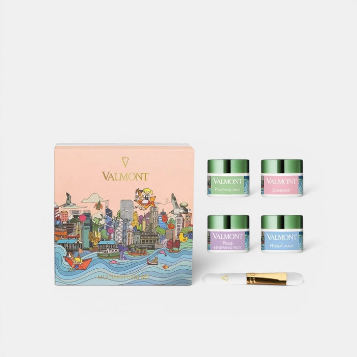 Shop Rescue Spa Valmont Multi-Masking Set with four treatment masks, application brush, and Vivian Ho art gift box.
