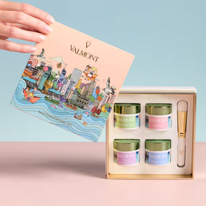 Shop Rescue Spa Valmont Multi-Masking Set with four skincare masks, application brush, and Vivian Ho illustrated box.