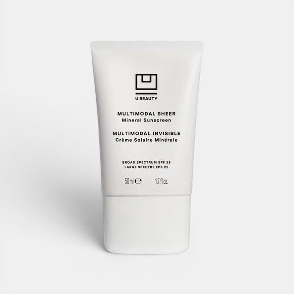 1.7 fl. oz. bottle of U Beauty Multimodal Sheer Mineral Sunscreen Broad Spectrum SPF 25. Ultra lightweight SPF-primer hybrid that promotes a radiant complexion.
